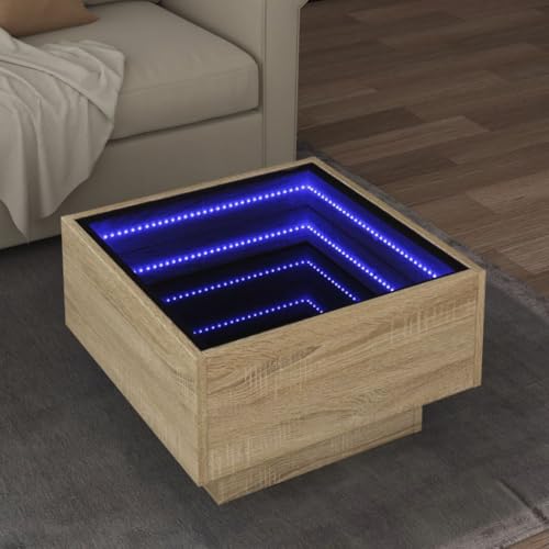 ZQQLVOO LED-Couchtisch Sonoma Eiche LED Infinity Spiegel Couchtisch mit RGB Beleuchtung und robuster Platte 50x50x30 cm Holzwerkstoff von ZQQLVOO