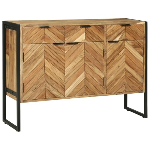 ZQQLVOO Modernes Sideboard mit Chevron-Design und Massivholz-Akazie, Stauraum Möbel für Esszimmer oder Wohnzimmer, 3 Türen und 3 Schubladen, schwarzer Metallrahmen, kompakt und von ZQQLVOO