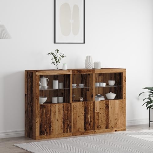 ZQQLVOO Rustikales Sideboard Buffet aus Massivholz mit LED-Beleuchtung und Schiebetüren für Esszimmer Stauraum Möbel von ZQQLVOO