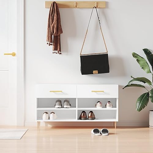 ZQQLVOO Stilvolle Schuhbank aus Holzwerkstoff mit 2 Schubladen und 4 Fächern, Industrielle Eisenbeine für Stabilität, Robuste Sitzfläche bis 110 kg, Platzsparender Schuhschrank von ZQQLVOO