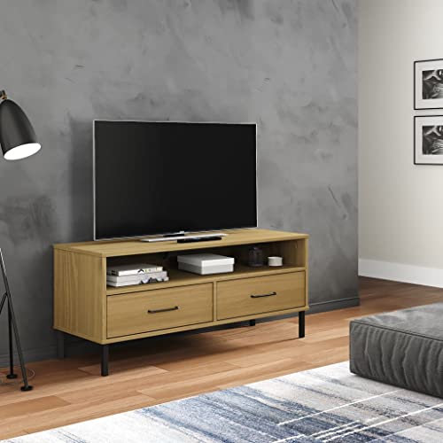 ZQQLVOO TV-Schrank Oslo mit Metallbeinen Braun Massivholz Kiefer Massiver Kiefernholz TV-Schrank mit Stauraum und Metallfüßen von ZQQLVOO
