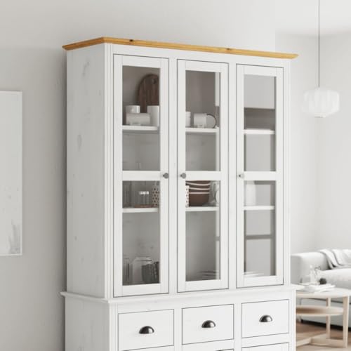 ZQQLVOO Vitrinenschrank mit Glastüren aus Kiefern-Massivholz für Sideboard oder Kommode, Mehrere Böden mit Metallgriffen, Französischer Stil Deko Aufsatzschrank Stauraum von ZQQLVOO