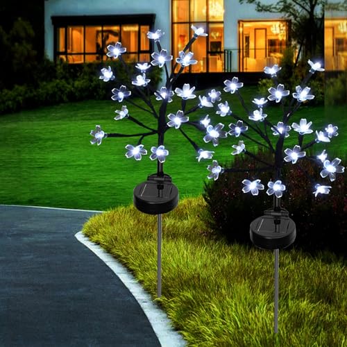 Solarlampen für Außen Garten, 2 Stück 16 LED Solar Zweige Aussen, Solar Simulations Baum Licht, Solarleuchte Gartenleuchten mit Kirschblüten Dekoration für Terrasse Patio Balkon Deko - Kühles Weiß von ZQX