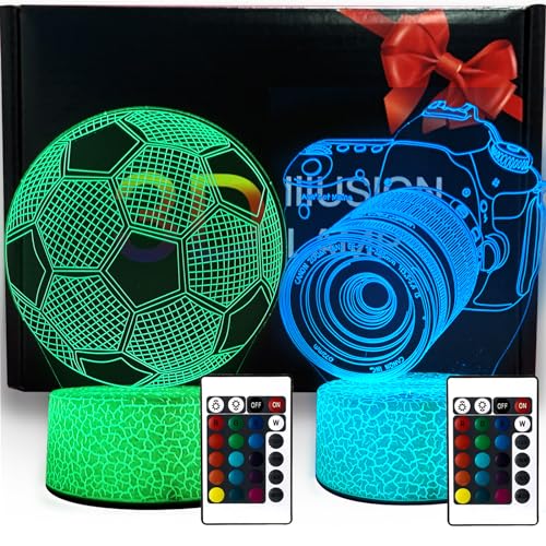 ZQX 3D Nachtlicht für Kinder, 2 Stück 3D Optische Täuschung Fußball und Kamera LED Deko Lampe Akku, 16 Farben mit Fernbedienung - Perfekte Fußball Geschenke für Geburtstag Weihnachten und Neujahr von ZQX