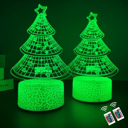 ZQX 3D Tischlampe Weihnachten, 2 Stück Weihnachtsbaum 3D Illusionslampe, 16 Farben LED Deko Lampe Akku mit Fernbedienung für Zuhause Innen Weihnachtsdeko von ZQX