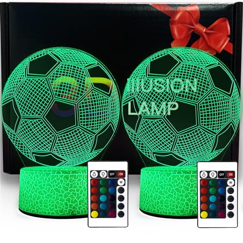 ZQX Fussball Geschenke Jungen, 2 Stück 3D Optische Täuschung Fußball LED Deko Lampe Akku, 16 Farben mit Fernbedienung, 3D Nachtlicht Kinder Geschenke für Geburtstag Weihnachten und Neujahr von ZQX