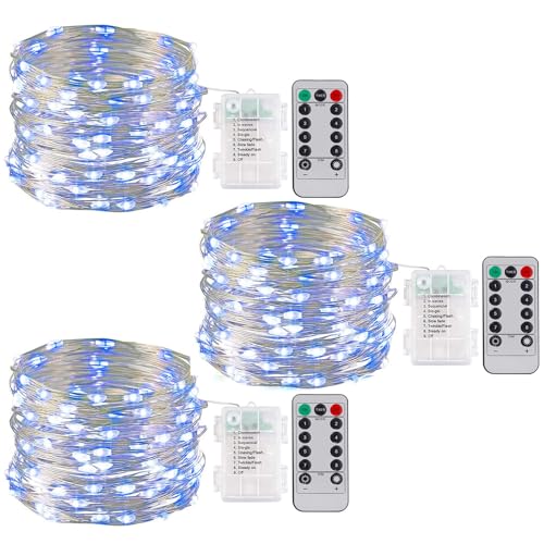 ZQX Lichterkette Batterie, 3 Stück 10M/32ft 100LED Lichterkette mit Timer, 8 Modi DIY Batterielichterkette mit Fernbedienung für Party Hochzeit Weihnachten Innen Aussen Deko - Blau von ZQX