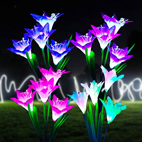ZQX Solarlampen für Außen Garten, 4 Pack Wasserdicht Solar-Blumenlichter mit 16 Größeren Lilien, Mehrfarbig Wechselnden Landschaft Solar Gartenleuchten für Terrasse, Rasen, Garten Dekoration von ZQX
