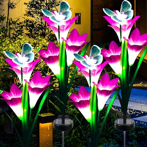 ZQX Solarlampen für Außen Garten, 4 Stück Wasserdicht Solar-Blumenlichter mit Schmetterling, Mehrfarbig Wechselnden Landschaft Solar Gartenleuchten für Terrasse, Rasen, Garten Dekoration von ZQX