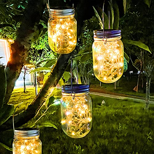 ZQX Solarlampen für Garten, 4 Stück Solar Einmachglas für Außen Wasserdicht, Solar Lichterkette Solarglas Dekoration Hängeleuchten für Gartendeko, Hof, Wand, Baum, Tisch (Warmweiß) von ZQX