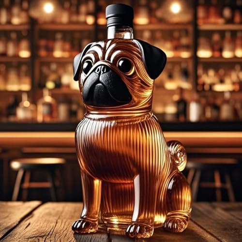 300 ml Whiskykaraffe in Mopsform, handgefertigte Weinflasche aus Glas, lustiges Bargeschirr mit Tiermotiven, Geschenke für Hundeliebhaber und Whiskyliebhaber(C) von ZQXYXFUS
