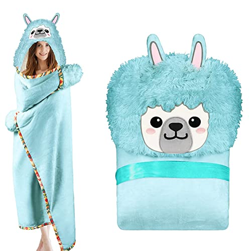 ZQYMM Alpaka Geschenke für Frauen Lama Geschenk Tragbare Decke Kuscheldecke Flauschig Alpaka Sofadecke Alpaka Decke mit Hut und Handschuhen (Grün-Alpaka) von ZQYMM