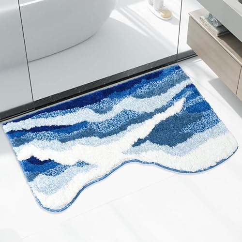 ZQYMM Badvorleger Blau Ozeanwelle Badteppich 3D-Teppich mit Ozeanwellen saugfähige Badezimmerteppich, rutschfest Badezimmerteppiche weicher Plüsch, zotteliger Badteppich für Schlafzimmer, Küche von ZQYMM