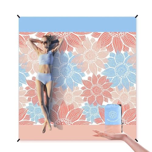 ZQYMM Sanddichte Stranddecke, Picknickdecke, sandfreie, wasserdichte Strandmatte, für 2–6 Erwachsene, leichte, schnelltrocknende Polyester-Outdoordecke, (Himmelblau + Rosa, 210x200cm (1-6person)) von ZQYMM