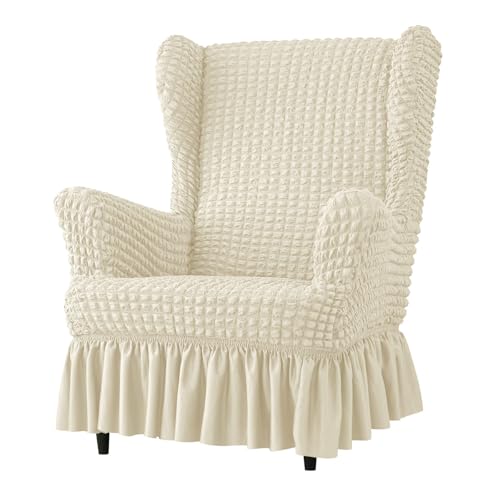 ZRCYXDW Elastischem Ohrensessel Überzug, Seersucker Mit Rock Husse Für Ohrensessel Abnehmbar Sesselüberwurf 1 Stück Weicher Ohrensessel Schonbezuge-Cremeweiß-1 Stück von ZRCYXDW