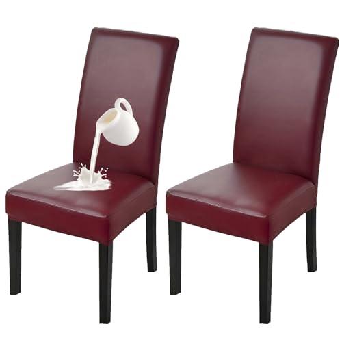 ZRCYXDW PU Leder Stuhlhussen, Wasserdichter Stuhlhussen Für Esszimmerstühle Stretch Rutschfester Abnehmbarer Stuhlhussen Für Esszimmer Für Bankett Dekor-Weinrot-2er Set von ZRCYXDW