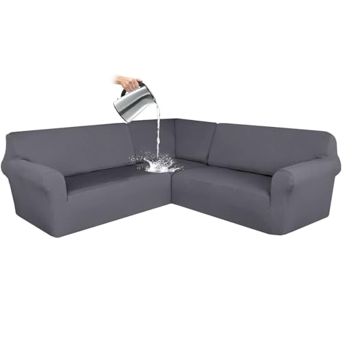 ZRCYXDW Wasserdicht ecksofa überzug, 3 Stück Sofabezug L Form 7 Sitzer Stretch L Form Sofahusse Schutz waschbar für Wohnzimmer-dunkelgrau-7 Sitzer von ZRCYXDW