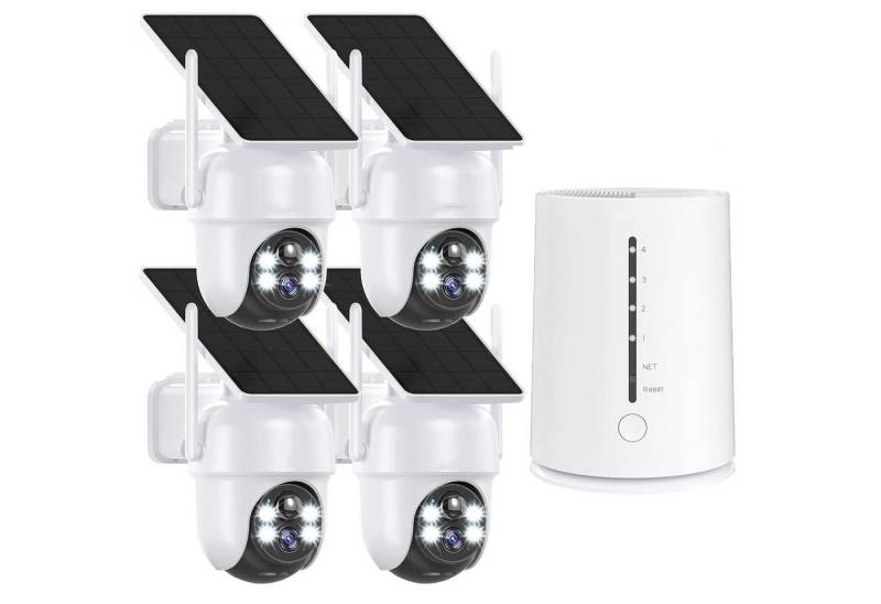 ZREE Überwachungskamera 4MP FHD Überwachungskamera Set Aussen Solar/Akku mit 4CH Basisstation (Innenbereich, AuBenbereich, 100% Kabellos Eingebettetes Solarpanel,Kinderleichte Installation, 1-tlg., 360° Schwenkbar, Farbige Nachtsicht mit Flutlicht, 4CH Basisstation mit 4 stk kabellosen Dome Kameras) von ZREE