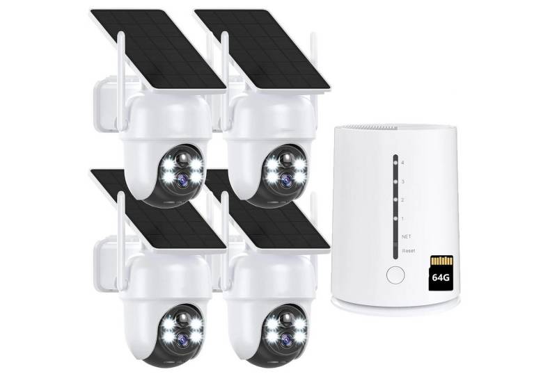 ZREE Überwachungskamera 4MP FHD Überwachungskamera Set Aussen Solar/Akku mit 4CH Basisstation (Innenbereich, AuBenbereich, 100% Kabellos Eingebettetes Solarpanel,Kinderleichte Installation, 1-tlg., 360° Schwenkbar, Farbige Nachtsicht mit Flutlicht, 4CH Basisstation mit 4 stk kabellosen Dome Kameras) von ZREE