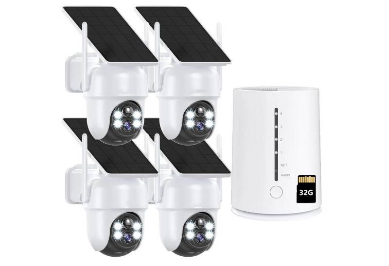 ZREE Überwachungskamera 4MP FHD Überwachungskamera Set Aussen Solar/Akku mit 4CH Basisstation (Innenbereich, AuBenbereich, 100% Kabellos Eingebettetes Solarpanel,Kinderleichte Installation, 1-tlg., 360° Schwenkbar, Farbige Nachtsicht mit Flutlicht, 4CH Basisstation mit 4 stk kabellosen Dome Kameras) von ZREE