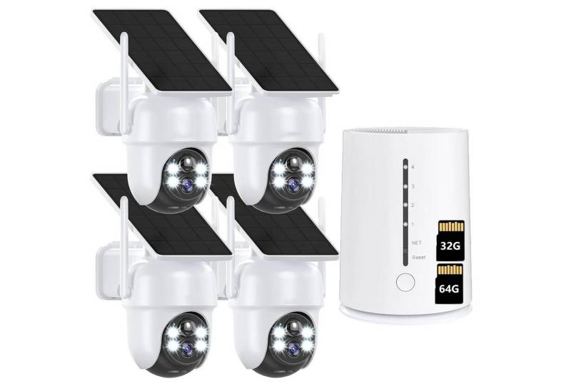 ZREE Überwachungskamera 4MP FHD Überwachungskamera Set Aussen Solar/Akku mit 4CH Basisstation (Innenbereich, AuBenbereich, 100% Kabellos Eingebettetes Solarpanel,Kinderleichte Installation, 1-tlg., 360° Schwenkbar, Farbige Nachtsicht mit Flutlicht, 4CH Basisstation mit 4 stk kabellosen Dome Kameras) von ZREE