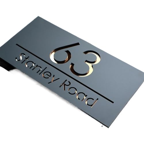 Hausnummer Personalised House Number Acrylic Sign Custom Street Name Address Outdoor Exterior Laser Cut Plate(Black (Gold Text),20x40cm (7.9x15.8in)) von ZRHWSPD
