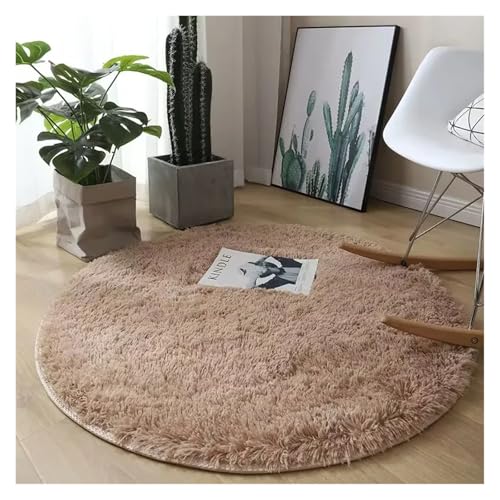 Rutschfester Teppich Runder Plüschteppich, Wohnzimmerdekoration, Kinderzimmer, Flauschiger weißer Teppich, rutschfeste Decke, Nachttisch-Design, Spielmatte(Light Camel,160cm Diameter) von ZRHWSPD