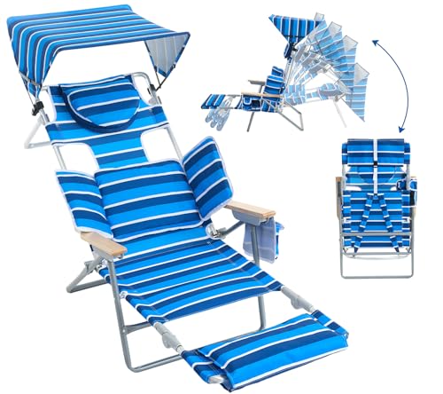 Übergroßer robuster Rucksack Strandkorb mit Sonnendach, Liegestuhl mit Gesichtsloch, 5 Positionen, faltbarer Campingstuhl für Outdoor, Sonnenbad, Strand, Terrasse, Pool (Blau/Weiß) von ZRNINR