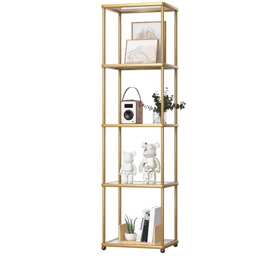 ZRNINR Dimmable LED Floor Lamp with Shelves, Glass Display Shelf for Colletibles, Lighted Open Dispaly Shelf Bookshelves with Remote Control, Color Temp Control(2700k-6000k),Gold, 5-Tiers von ZRNINR