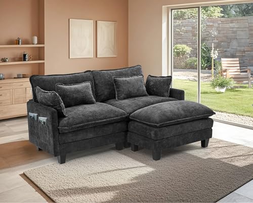 ZRNINR L-förmiges modulares Ecksofa mit Ottomane, 3-Sitzer-Sofa mit tiefer Sitzfläche, bequemes Wolkensofa mit Kissen, modernes Sofa für Wohnzimmer, Schlafzimmer, Wohnung, Büro (194CM, Schwarz) von ZRNINR