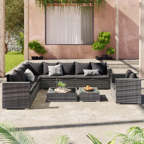 8-Sitzer großes Rattan-Garten-Ecksofa-Set, Outdoor-Gartenmöbel-Set, Terrassen-Sofa-Set mit Couchtisch, Sitzkissen und Rückenkissen von ZRPZSW