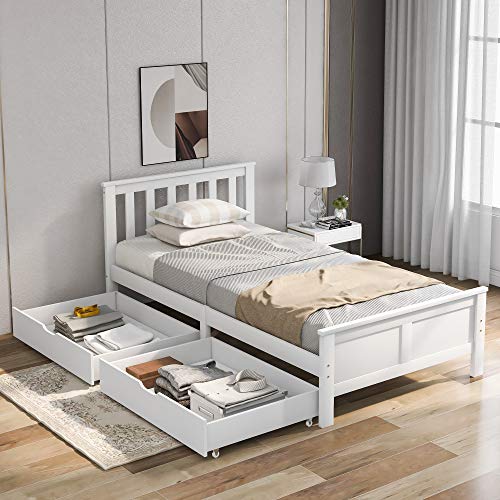 Bett aus massivem Kiefernholz, mit Schubladen, Bettmöbelrahmen für Erwachsene, Kinder, Jugendliche, 190 x 90 cm, Weiß von ZRPZSW