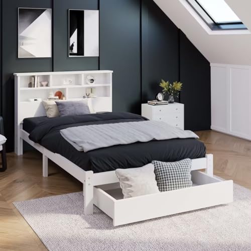 Bett mit Regalen, weißes Holzbett mit Stauraum, Einzelbett aus Holz mit Unterbettschublade – 90 x 190 cm von ZRPZSW