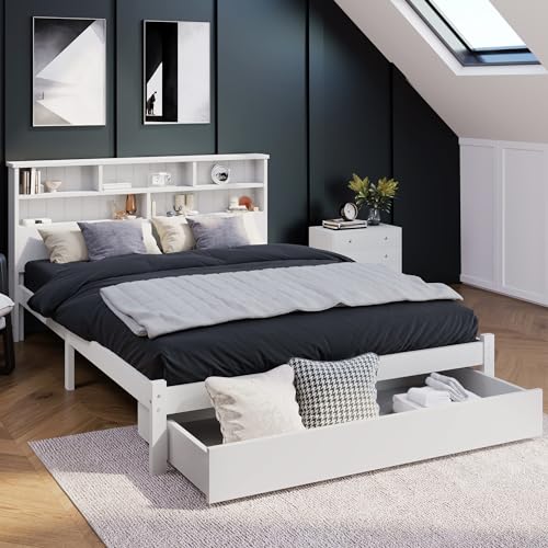 Bett mit Regalen, weißes Holzbett mit Stauraum, weißes Doppelbett mit Unterbettschublade – Doppelbett 135 x 190 cm von ZRPZSW