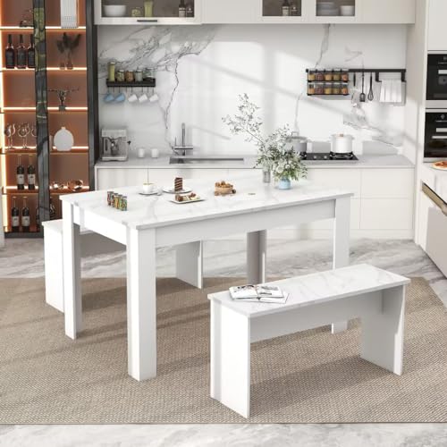 Esstisch mit 2 Bänken, Esstisch-Set für Küche, Esszimmer, kleine Räume, künstliche Marmor-Tischplatte (weiß) von ZRPZSW