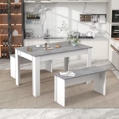 Esstisch mit 2 Bänken Esstisch Set für Küche, Esszimmer, kleiner Raum Kunstmarmor (Grau und Weiß) von ZRPZSW