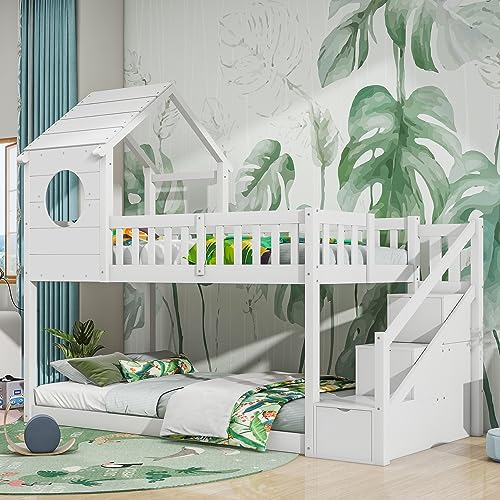 Etagenbett für Kinder, Holzhaus Etagenbett 90 x 190 cm, Hochbettgestell, Holz-Etagenbett mit Leiter und Schubladen, Idee für jeden Raum von ZRPZSW