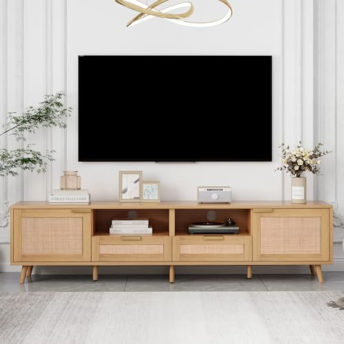 Fernsehtisch mit Echt-Rattan-Design, Fernsehtisch mit Massivholzbeinen, gewebter Rattan-TV-Ständer, 200 x 37 x 49 cm, Hellbraun von ZRPZSW
