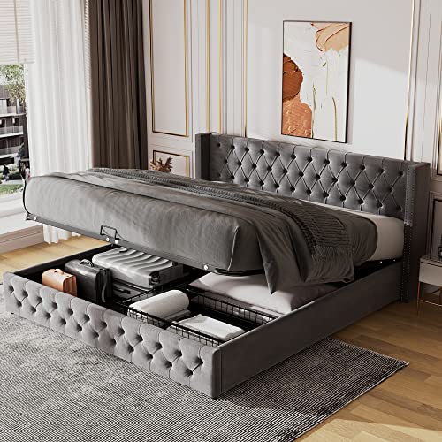 Gepolstertes Doppelbett, 150 x 200 cm, Kingsize-Bett mit Stauraum, Doppelbett mit hydraulischem Hebel, luxuriöses Samt-Doppelbett mit Kopfteil von ZRPZSW