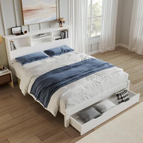 Holzbett Bücherregal Doppelbett Bettgestell mit Regalen Weißes Bett mit Unterbettschublade – Doppelbett 135 x 190 cm von ZRPZSW