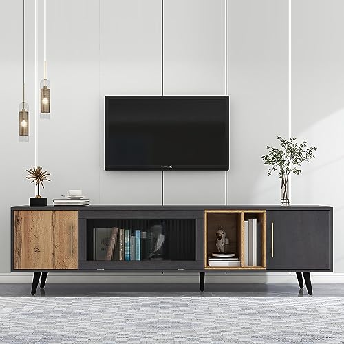 TV-Ständerschrank, 200 x 40 x 55,5 cm, dunkles Holz, TV-Schrank mit Stauraum, einzigartige graue Maserung und Holzmaserung, geeignet für einen 90-Zoll-Fernseher von ZRPZSW