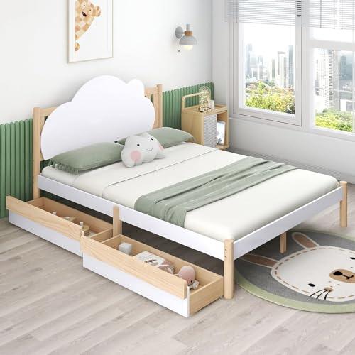 Weißes Doppelbett aus Holz, Kinderbett mit Stauraum, Doppelbett mit Schubladen, Kinderbett, 135 x 190 cm von ZRPZSW