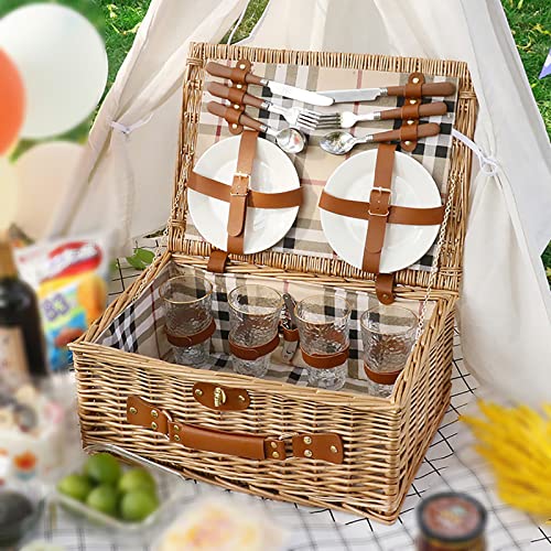 Picknickkorb, Picknickkörbe für 4 Personen – Luxuriöse Picknickkorb-Sets aus Weide – Premium-Set mit Besteck, Tellern, Salz- und Pfefferstreuern, Weingläsern und Flaschenöffner (B 46 x 20 x 33 cm) von ZRQSMCX
