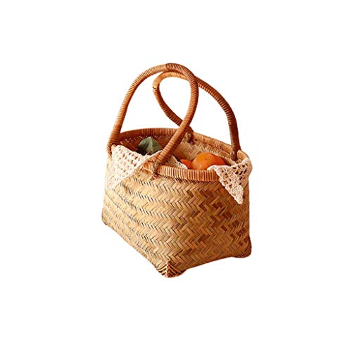 ZRQSMCX Tragbarer Picknickkorb aus Bambus und Rattan, geflochtener Korb, Picknickkorb aus Holzgeflecht, Obstkorb, Obstkorb für Outdoor-Picknick (33,5 x 20,8 x 20,5 cm) von ZRQSMCX