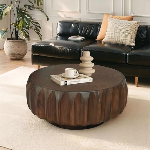 Runder Couchtisch aus Walnussholz, 80 cm, moderner Couchtisch aus Massivholz mit geriffeltem Design für Wohnzimmer, kleiner Raum, Wohnung (Nussbaum) von ZRRWL