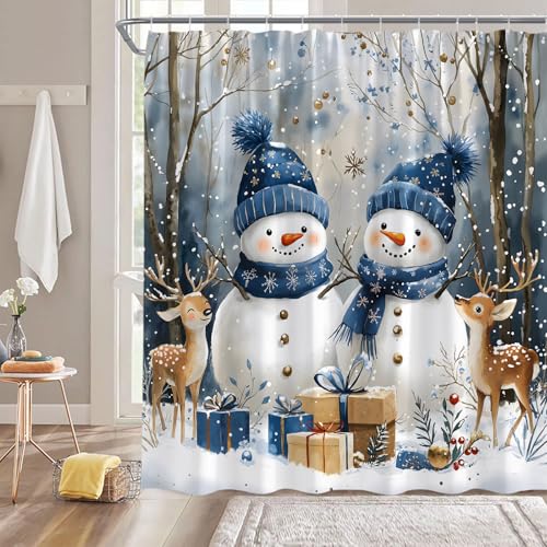 ZRUWUA Duschvorhang mit Schneemann, Motiv: Schneemann, niedliches Hirsch, Schneeflocke, Bauernhaus, Weihnachten, Urlaub, Badezimmer, Dekoration, Vorhang mit Haken, 178 x 178 cm (B x L) von ZRUWUA