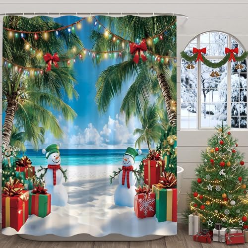 ZRUWUA Frohe Weihnachten Strand-Duschvorhang, Schneemann, tropischer Ozean, Palmenblätter, Neujahr, Urlaub, Badezimmer-Dekor, Vorhang mit Haken, 178 x 178 cm (B x L) von ZRUWUA