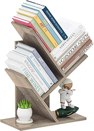 ZRWD Baum-Bücherregal, 4-stöckig, Bücherregal, bodenstehend, Bücherregal, Holz-Aufbewahrungsregal für Büro, Zuhause, Schule, Regal, Display für CD/Zeitschriften (französische Eiche, grau) von ZRWD