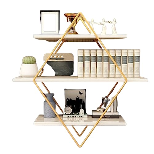 ZSDBYT Bücherregal, wandmontiertes Lagerregal, rautenförmiges Eisen, dekoratives Lagerregal, dreischichtige offene Lagerung (Goldweiß 8.00E+81) von ZSDBYT