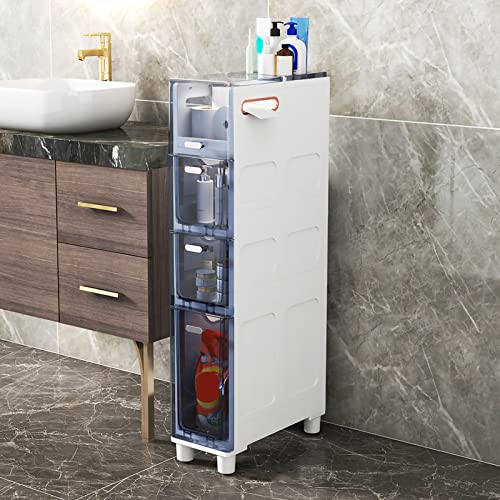 ZSDBYT Schmaler Badezimmer-Standschrank mit transparenten Schubladen und Rollen, kein Zusammenbau erforderlich (Blau Transparent 4 Etagen) von ZSDBYT